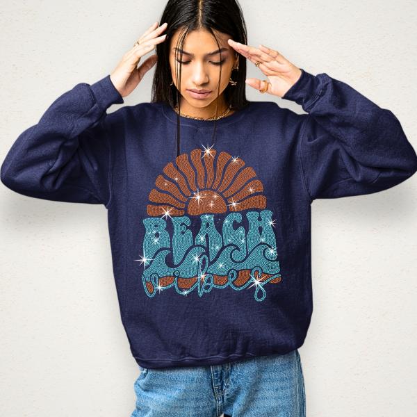 Beach Vibes Rhinestone T-Shirt, Sunshine Tee, Summer Travel Shirt, Vacation Clothing, Stylish Unisex Wear, Gift for Ocean Lovers & Surfer