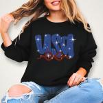 USA With Ribbon Rhinestone T-Shirt, Memorial Day Shirt, Mommy Patriotic Shirt, USA Pride Tee, Unique Design Tee-Shirt for Fourth of July