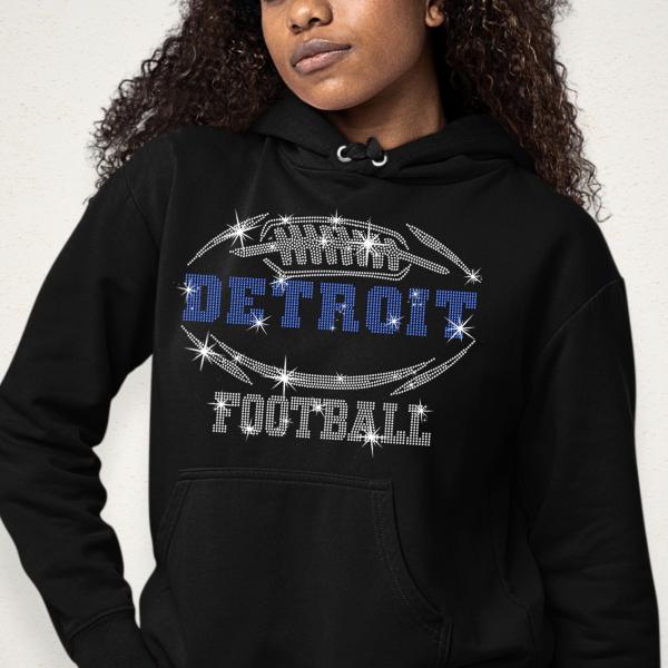 Detroit Rhinestone T-Shirt, Chic Design Sparkling Football Shirt, Shiny Fashion Eye-Catching Tee-Shirt, Glittering Fan Dazzling Team Shirt