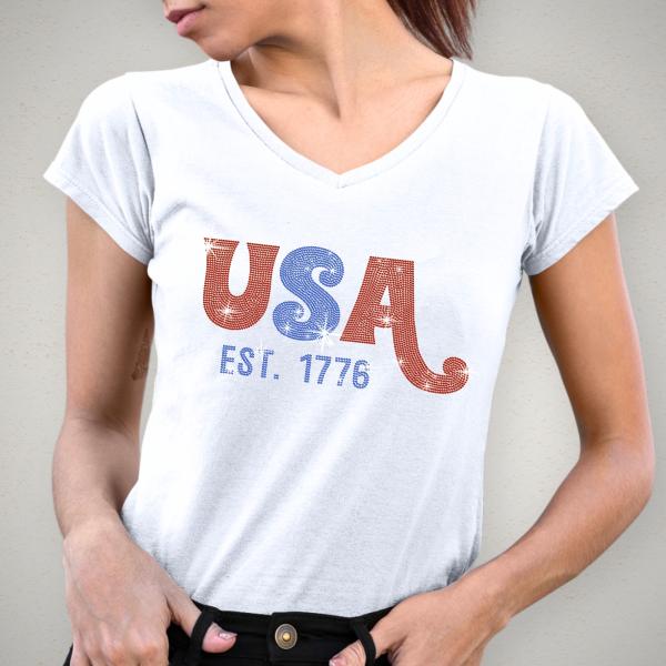 USA Est 1776 Rhinestone T-Shirt, Independence & Memorial Day Shirt, Americans' Patriotic Shirt, Fourth of July Shirt, Gift Tee for Veterans
