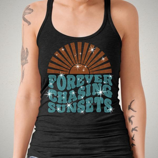 Forever Chasing Sunsets Rhinestone T-Shirt, Aesthetic Summer Shirt, Beach Lovers Tee, Sunshine Shirt, Girls Trip Tee, Family Vacation Gift