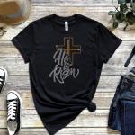 He Is Risen With Cross Rhinestone T-Shirt, Sparkling Easter Shirt, Religious Easter Sunday Apparel, Inspirational Christian Tee-Shirt