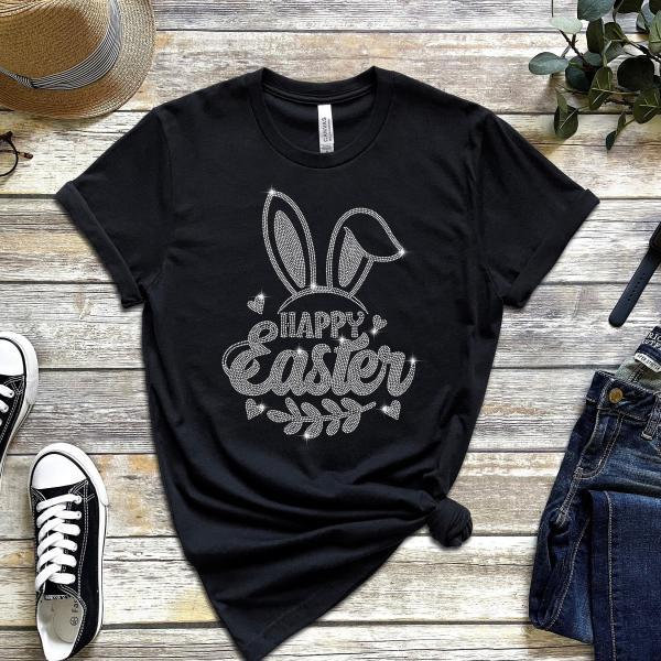 Happy Easter Bunny Rhinestone T-Shirt, Easter Bunny Shirt, Easter Gift Shirt, Cute Bunny Shirt, Gift For Her, Gift For Mom, Bunny Ears Shirt