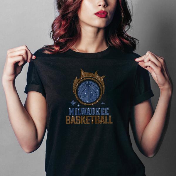 Milwaukee Basketball Team Rhinestone T-Shirt, Bucks Basketball Tshirt, Ultimate Bucks Fan Dazzling Rhinestone Shirt, Milwaukee Bucks