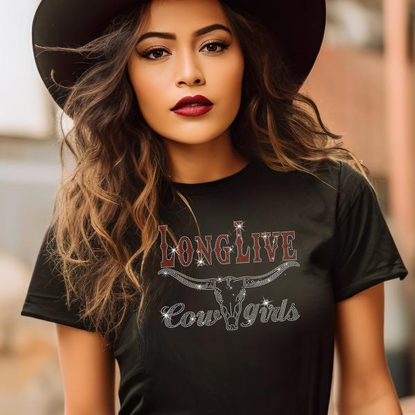 Long Live Cowgirls with Longhorn Rhinestone T-Shirt, Morgan Wallen Cowgirl Shirt, Crop Top , Country Music Shirt, Cowboy Morgan, Longhorn