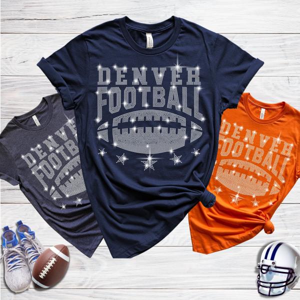 Denver Rhinestone T-Shirt, Trendy Football Season Tee, Football Bling Shirt, Football Shirt For Gameday Sporting Events Active
