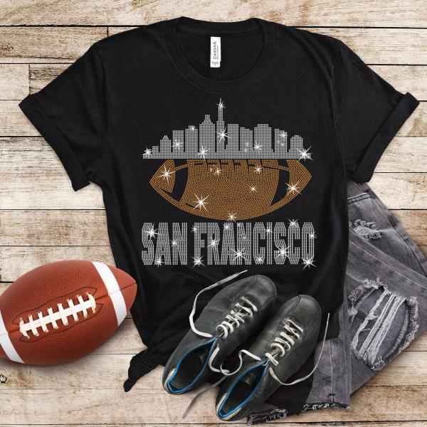 San Francisco Rhinestone T-Shirt, Chic Bright Design Football Game Day Tee, Sunday Style Dazzling Shirt, Bling Team Fan Trendy Glitter Shirt