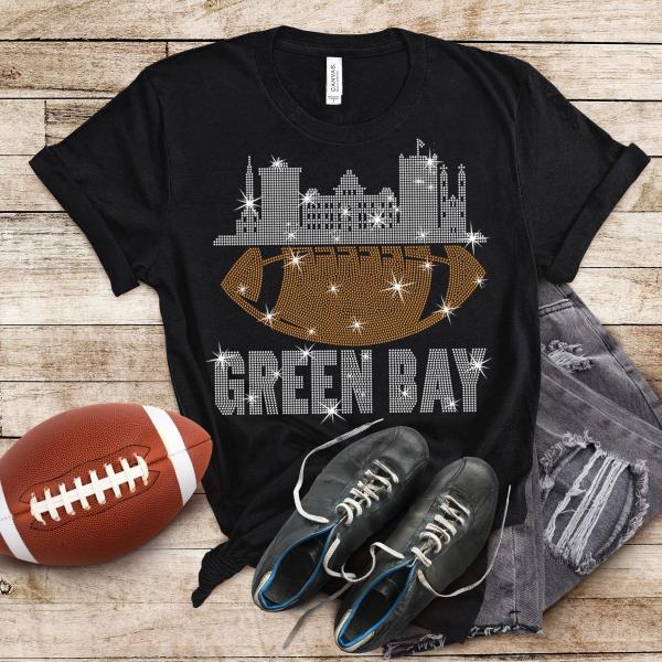 Green Bay Rhinestone T-Shirt,  Football Glittering Fan Design Tee, Sunday Trend Tailgate Party Shirt, Game Day Sparkling Fashion Shirt