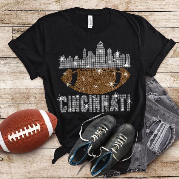Cincinnati Rhinestone T-Shirt, Sunday Game Day Football Shirt, Trendy Shiny Design Shirt, Fan Style Glittering Shirt, Bright Chic Team Shirt