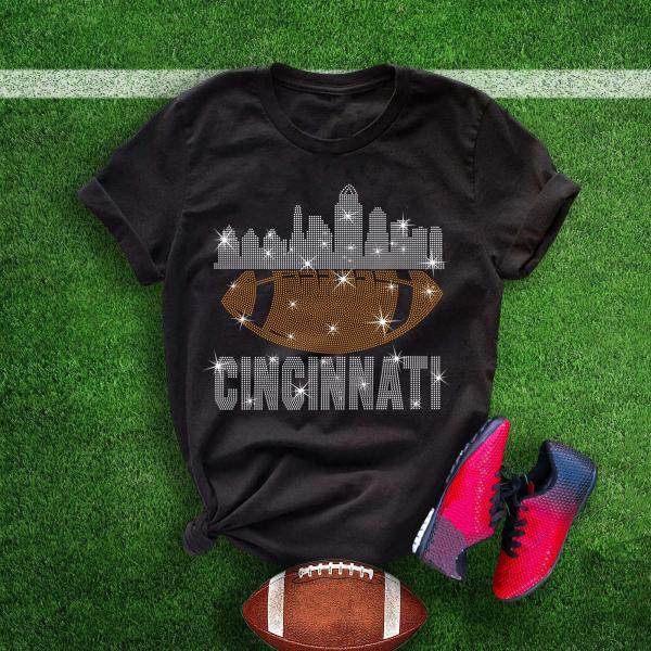 Cincinnati Rhinestone T-Shirt, Sunday Game Day Football Shirt, Trendy Shiny Design Shirt, Fan Style Glittering Shirt, Bright Chic Team Shirt