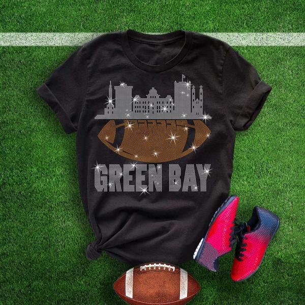 Green Bay Rhinestone T-Shirt,  Football Glittering Fan Design Tee, Sunday Trend Tailgate Party Shirt, Game Day Sparkling Fashion Shirt