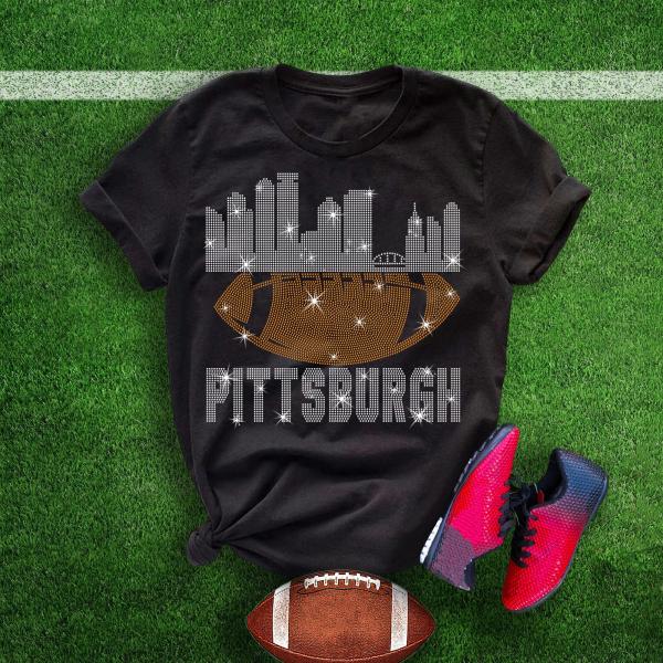Pittsburgh Rhinestone T-Shirt, Fashion Football Team Fan Shirt, Bright Glitter Sunday Day Sports Tee, Trendy Stylish Shirt for Game Day