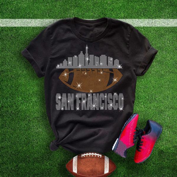 San Francisco Rhinestone T-Shirt, Chic Bright Design Football Game Day Tee, Sunday Style Dazzling Shirt, Bling Team Fan Trendy Glitter Shirt