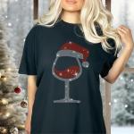 Christmas Wine Glass with Santa Hat Rhinestone Bling T-Shirt, Glittery Festive Fun Tee, Drinkers Party Cheers Shirt, Best Gift for Xmas