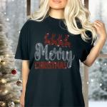 Merry Christmas With Reindeers Rhinestone T-Shirt, Xmas Shirt With Santa Claus Riding Reindeers, Adorable Christmas Gift Shirt