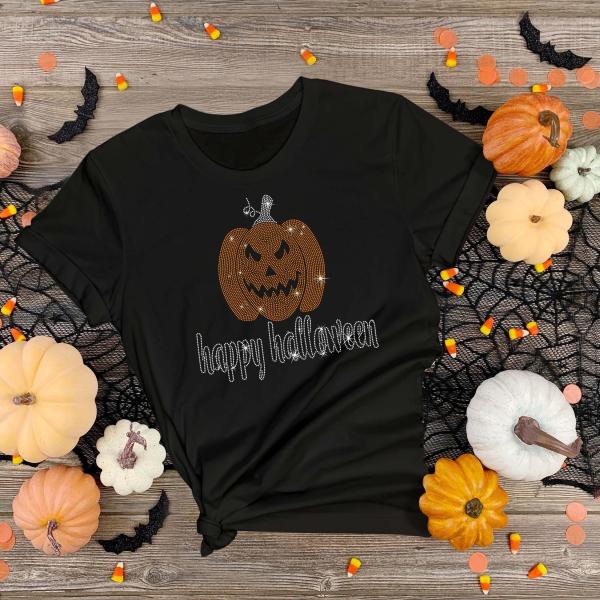 Happy Halloween Pumpkin Rhinestone Shirt, Spooky Season Scary Vibes Tee Shirt, Trick Or Treat Pumpkin Face Shirt