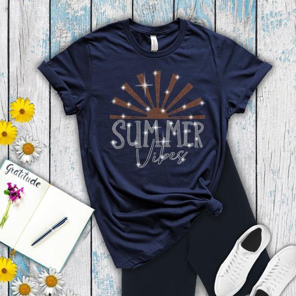 Summer Vibes Rhinestone Shirt, Trendy Holiday Tee, Sunshine Shirt, Beach Shirt, Popular Vacation Shirt, Fashion Girl Shirt, Bling Shirt