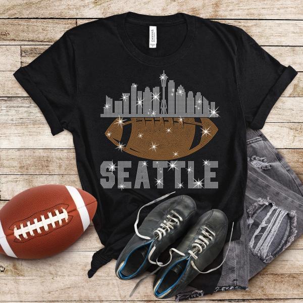 Seattle Rhinestone T-Shirt, Chic Glitter Tailgate Style Football Tee, Team Fan Shiny Design Shirt, Sportswear for Game Day Fashion Shirt
