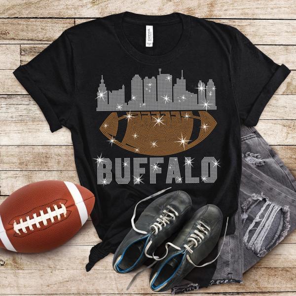 Buffalo Rhinestone T-Shirt, Bling Dazzling Football Fan Gift Design, Eye-Catching Game Sparkling Tee, Unique Football Fan Glitter Top