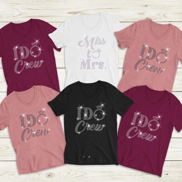 Miss to Mrs. Wedding Rhinestone T-Shirts, Newlywed Honeymoon Outfit Present, Bridesmaid Party Group Shirt, Wedding Day Gifts for Bride Team