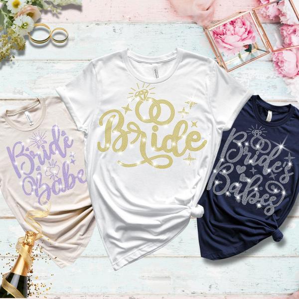 Bride and Bride's Babe Rhinestone T-Shirt, Bridal Party Shirt, Babe of Honor Shirt, Unique Bridal Shower Gift, Shiny Bride Squad Shirt