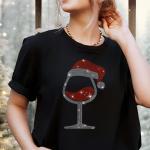 Christmas Wine Glass with Santa Hat Rhinestone Bling T-Shirt, Glittery Festive Fun Tee, Drinkers Party Cheers Shirt, Best Gift for Xmas