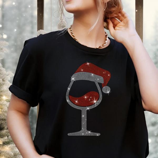 Christmas Wine Glass with Santa Hat Rhinestone Bling T-Shirt, Glittery Festive Fun Tee, Drinkers Party Cheers Shirt, Best Gift for Xmas