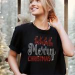 Merry Christmas With Reindeers Rhinestone T-Shirt, Xmas Shirt With Santa Claus Riding Reindeers, Adorable Christmas Gift Shirt