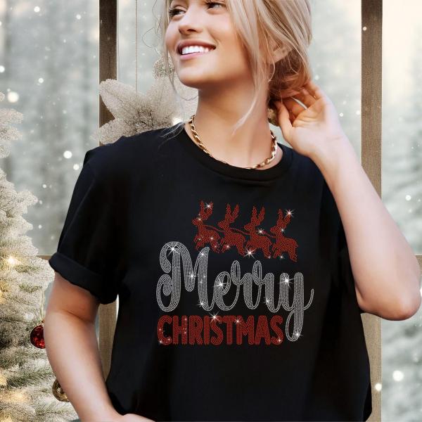 Merry Christmas With Reindeers Rhinestone T-Shirt, Xmas Shirt With Santa Claus Riding Reindeers, Adorable Christmas Gift Shirt