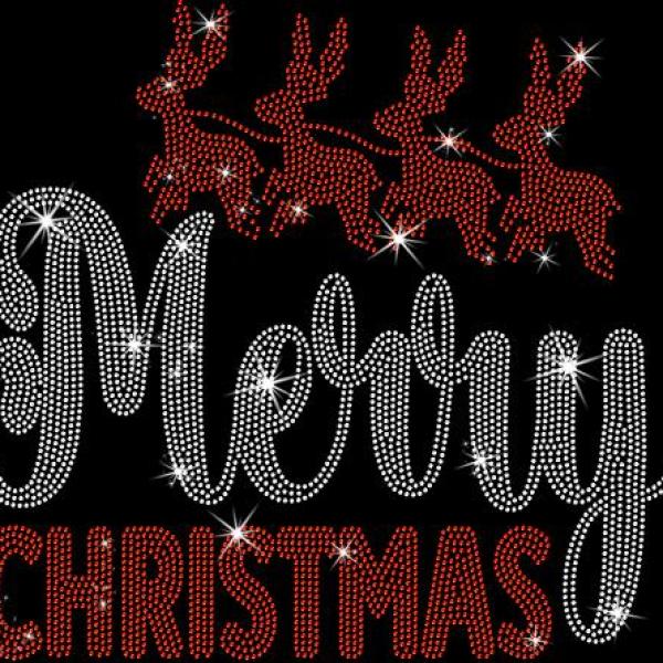 Merry Christmas With Reindeers Rhinestone T-Shirt, Xmas Shirt With Santa Claus Riding Reindeers, Adorable Christmas Gift Shirt