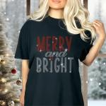 Merry and Bright Rhinestone T-Shirt, Cute Sublimation Design Bling Tee, Comfort Colors Christmas Shirt, Cute Xmas Gift for Women