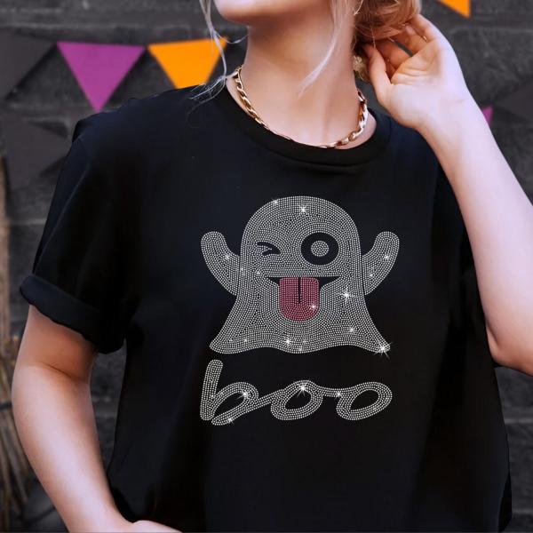 Boo Ghost Halloween Rhinestone Shirt, Creepy Ghost tee, Trick or Treat Tee, Scary Season Shirt, Fall Season Best Gift For Women or Men