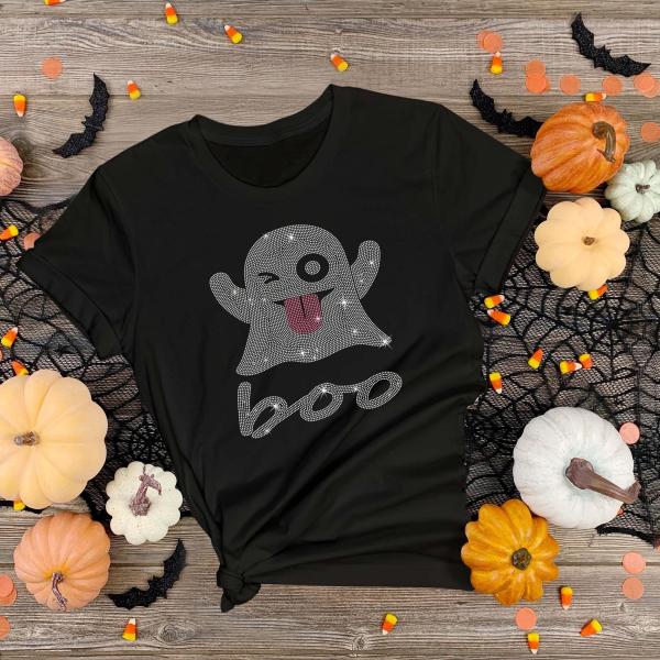Boo Ghost Halloween Rhinestone Shirt, Creepy Ghost tee, Trick or Treat Tee, Scary Season Shirt, Fall Season Best Gift For Women or Men