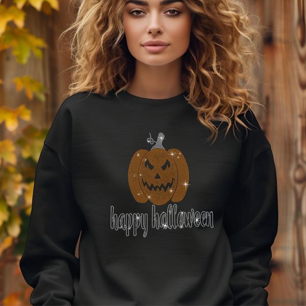 Happy Halloween Pumpkin Rhinestone Shirt, Spooky Season Scary Vibes Tee Shirt, Trick Or Treat Pumpkin Face Shirt