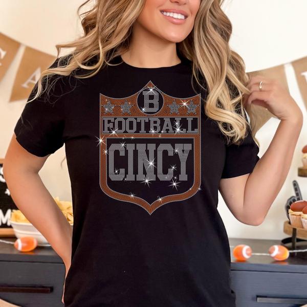Cincinnati Rhinestone T-Shirt, Football Game Day Apparel, Quality and Durable, Unique and Eye-Catching Shield Tee, Football Lover Tee