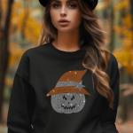 Pumpkin with Witch Hat Rhinestone Shirt, Fall Vibes Short Sleeve Tee, Unique Design on Premium Unisex Shirt, Best Gift For Halloween