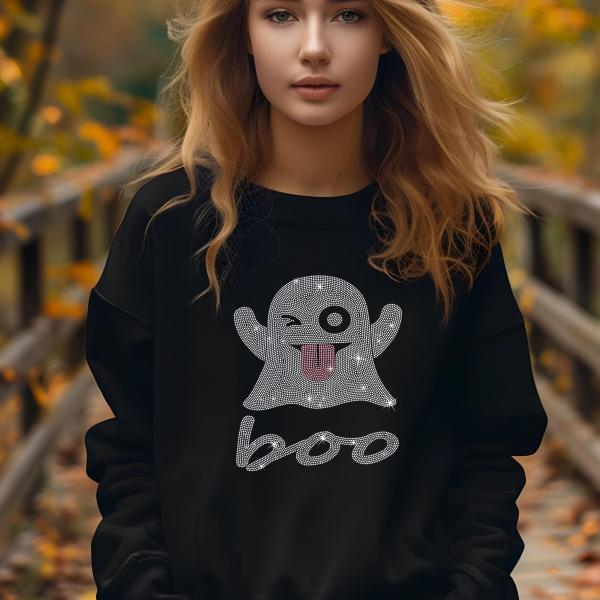 Boo Ghost Halloween Rhinestone Shirt, Creepy Ghost tee, Trick or Treat Tee, Scary Season Shirt, Fall Season Best Gift For Women or Men