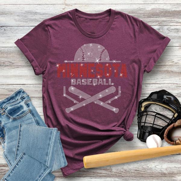 Minnesota Baseball Rhinestone T-Shirt, Baseball Fans Season Tee, Mom Baseball Tee, Vintage Glittering Baseball Top, Gift for Your Love One