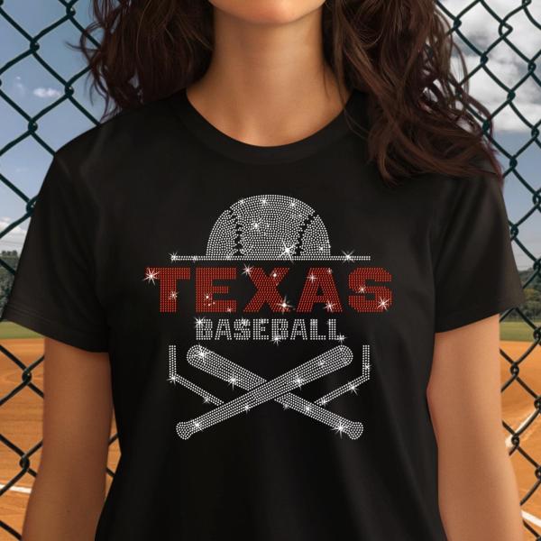 Texas Baseball Rhinestone T-Shirt, Game Day Apparel, Baseball Mama Shirt, Team Spirit Shirt, Sports Fan Shirt, Rangers Gift for Her or Him