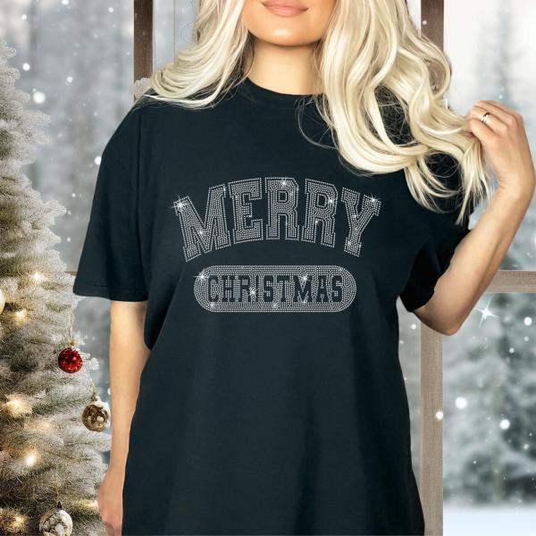 Merry Christmas Rhinestone Shirt, Retro New Year T-Shirt, The Season Sweatshirt, Jolly Christmas Party Tee, Xmas Holiday Shirt Gift