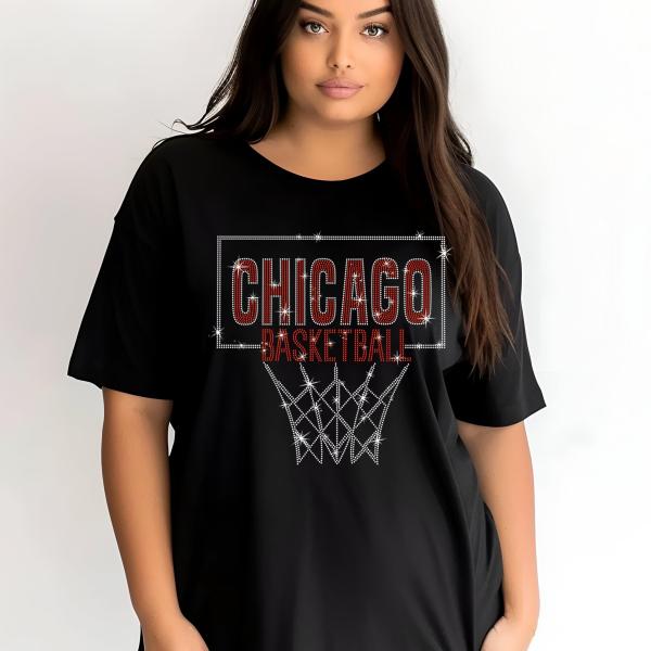 Chicago Rhinestone Basketball Shirt, Sports Lover Gift, Comfort Colors Unisex Tee, Retro Basketball Tee - Team Fan Shirt Gift for Her or Him