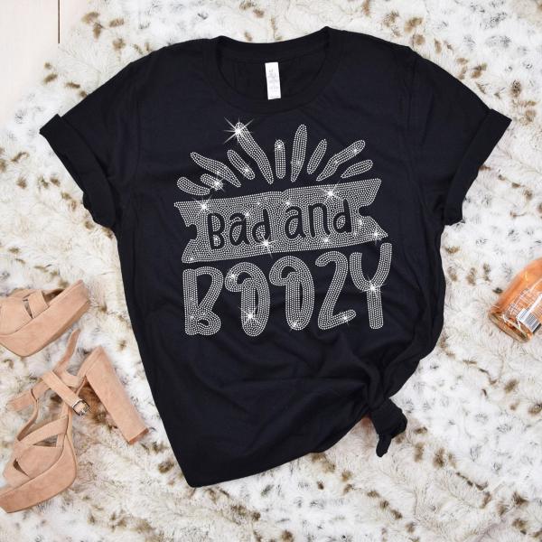 Bad And Boozy Rhinestone T-Shirt, Bridal Party Sweatshirt, Bride Friends Top Apparel, Drinking Shirt, Bride & Bridesmaid Proposal Shirt