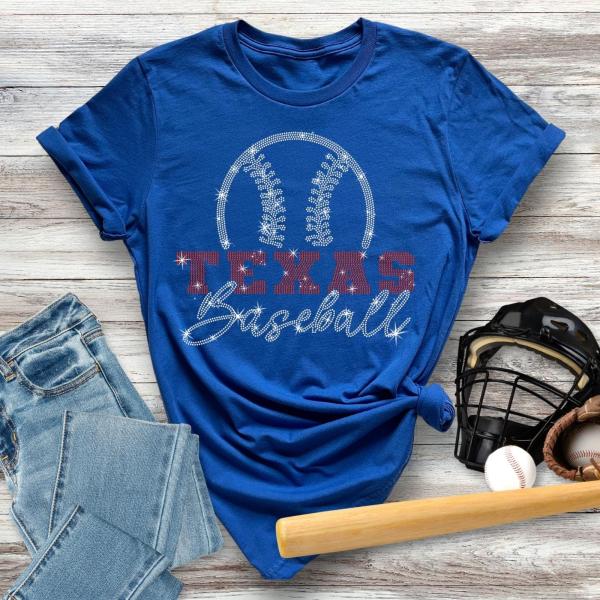 Texas Baseball Rhinestone T-Shirt, Retro Baseball Game Tee Shirt, Baseball Mom Shirt, Retro Team Support Shirt, For Women, Rangers Gift Her