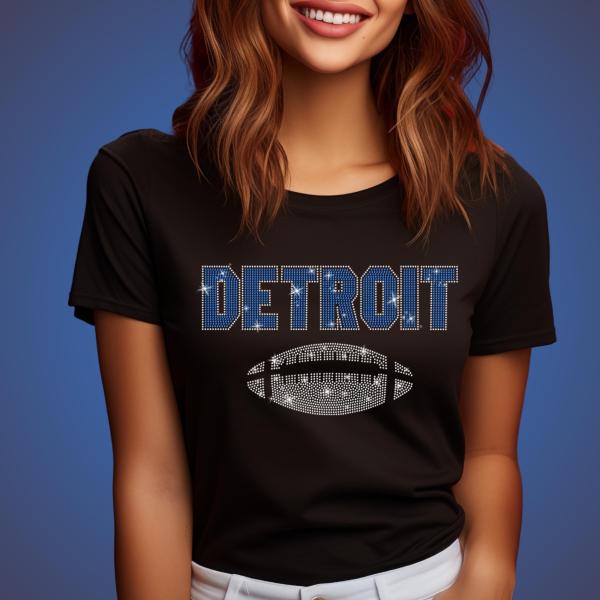Detroit Glittering Rhinestone Shirt, Trendy Football Retro Shirt, Dazzling Design Shiny Chic Tee, Game Day Shirt For Women and Men