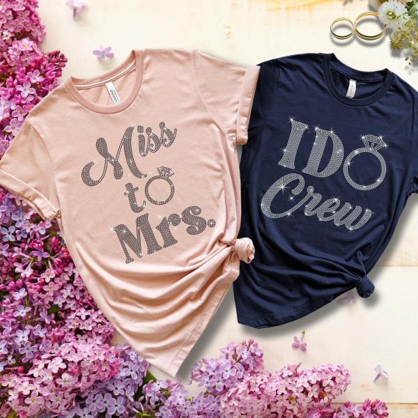 Miss to Mrs. Wedding Rhinestone T-Shirts, Newlywed Honeymoon Outfit Present, Bridesmaid Party Group Shirt, Wedding Day Gifts for Bride Team