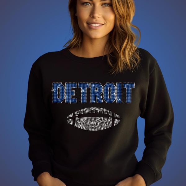 Detroit Glittering Rhinestone Shirt, Trendy Football Retro Shirt, Dazzling Design Shiny Chic Tee, Game Day Shirt For Women and Men