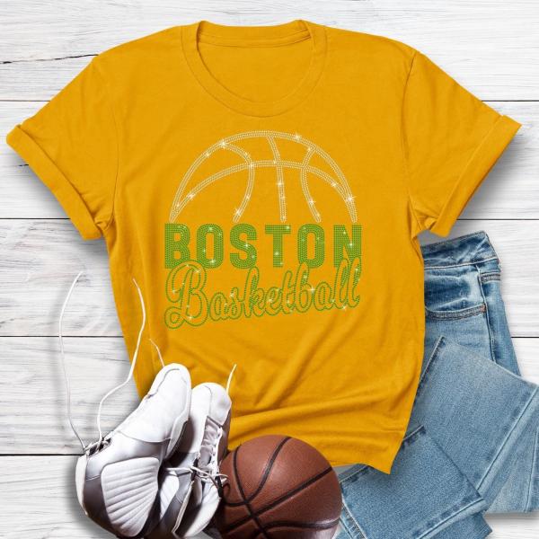 Boston Basketball Game Day Rhinestone T-Shirt, Retro Minimalist Style With Team Colors Shirt, Sports Lover Gift, Team Spirit Wear Tee