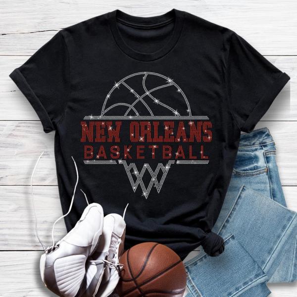 New Orleans Basketball Sports Team Rhinestone T-Shirt, Basket Ball Themed Soft Cotton Shirt, Sports Finals Apparel. Unisex Game Day Outfit