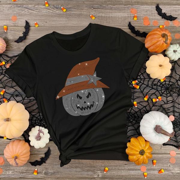 Pumpkin with Witch Hat Rhinestone Shirt, Fall Vibes Short Sleeve Tee, Unique Design on Premium Unisex Shirt, Best Gift For Halloween