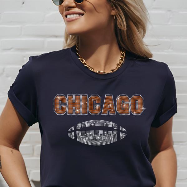 Chicago Rhinestone Bling Shirt, Retro Football Sports Apparel, Trendy Vintage Style Football Shirt, Game Day Football Fans Unisex Shirt